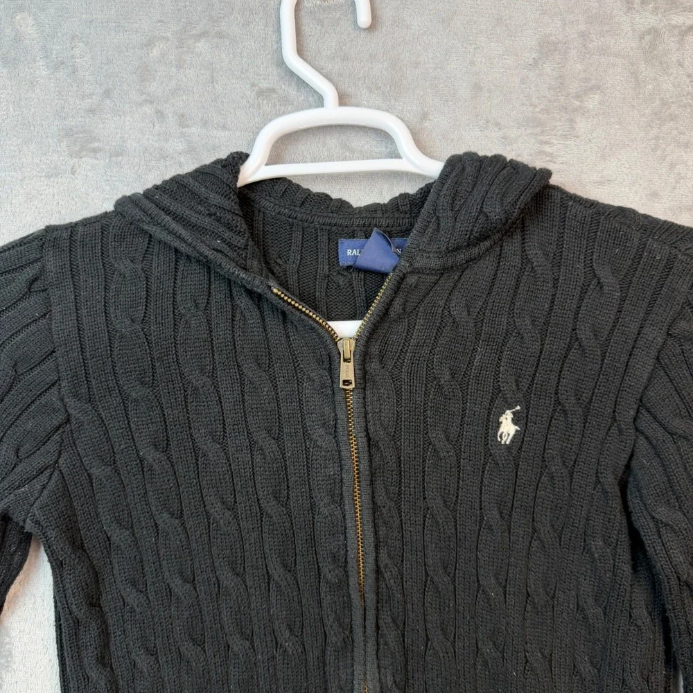 Ralph Lauren Hoodie Girl XL 16 Black Cable Knit Full Zip Sweater Pony Classic